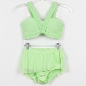 Double Platinum SET Lime Green Ribbed Knot Halter Dance top and Skirted brief AM